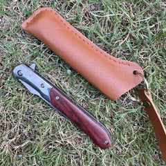 Folding Knife – Thin Wooden Handle with Steel Blade & Leather Sheath