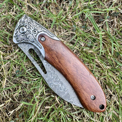 Damascus Folding Knife – Wooden Handle Pocket EDC Knife