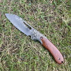 Damascus Folding Knife – Wooden Handle Pocket EDC Knife