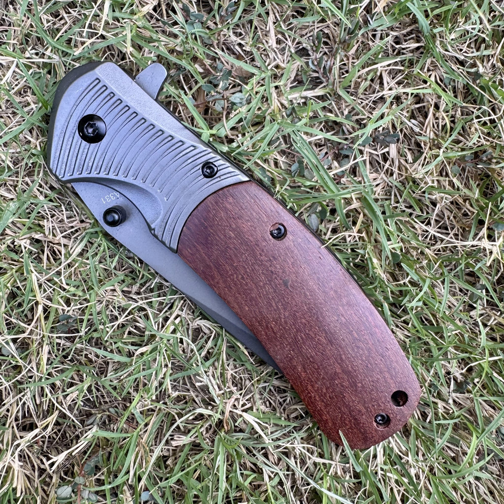 Browning Folding Knife – Wooden Handle with Grey Stainless Steel Blade